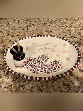 Grasslands Road Cream Christmas Snowman Serving Platter with Red and Green Trim